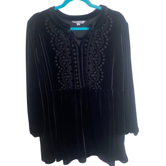 The Pioneer Woman Velvet Tunic Top XL Black Embroidered Long Sleeve Boho - Picture 1 of 10